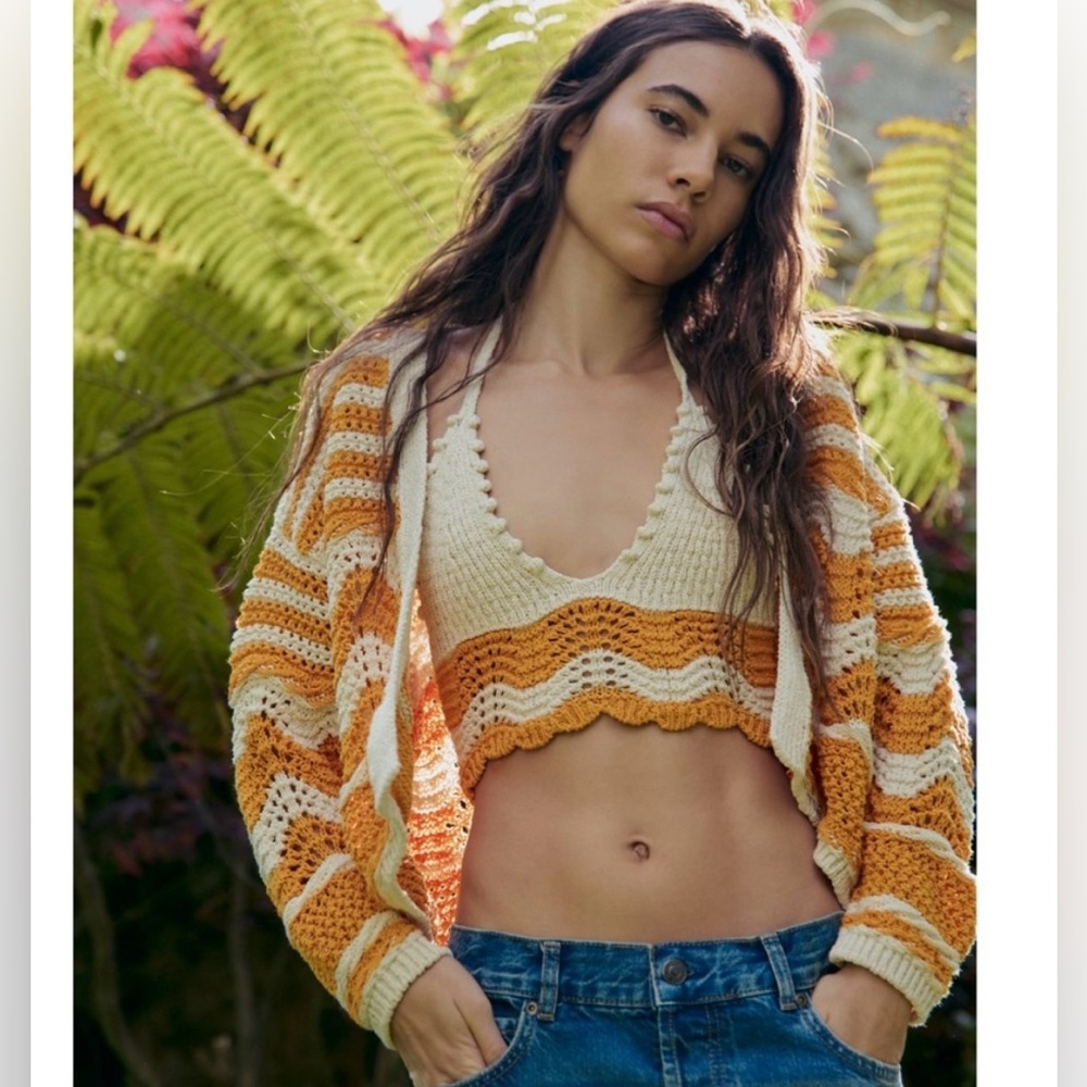 Zara open knit crochet sweater and crop top set in cream and orange size S